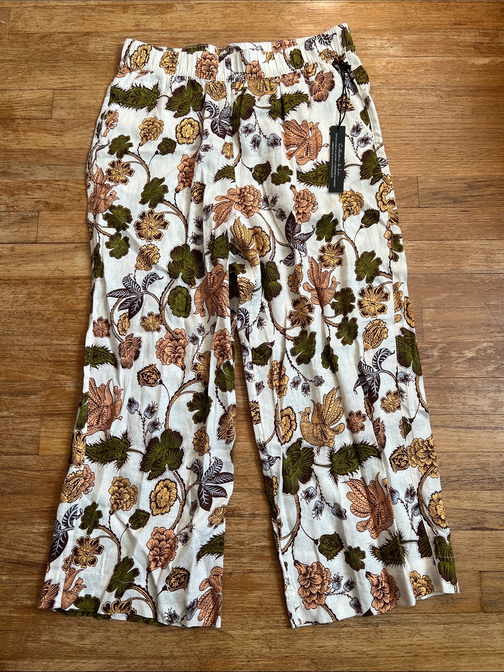 NWT Nicole Miller 100% Linen Pants Wide Leg Pull On Floral Chicken Print Large